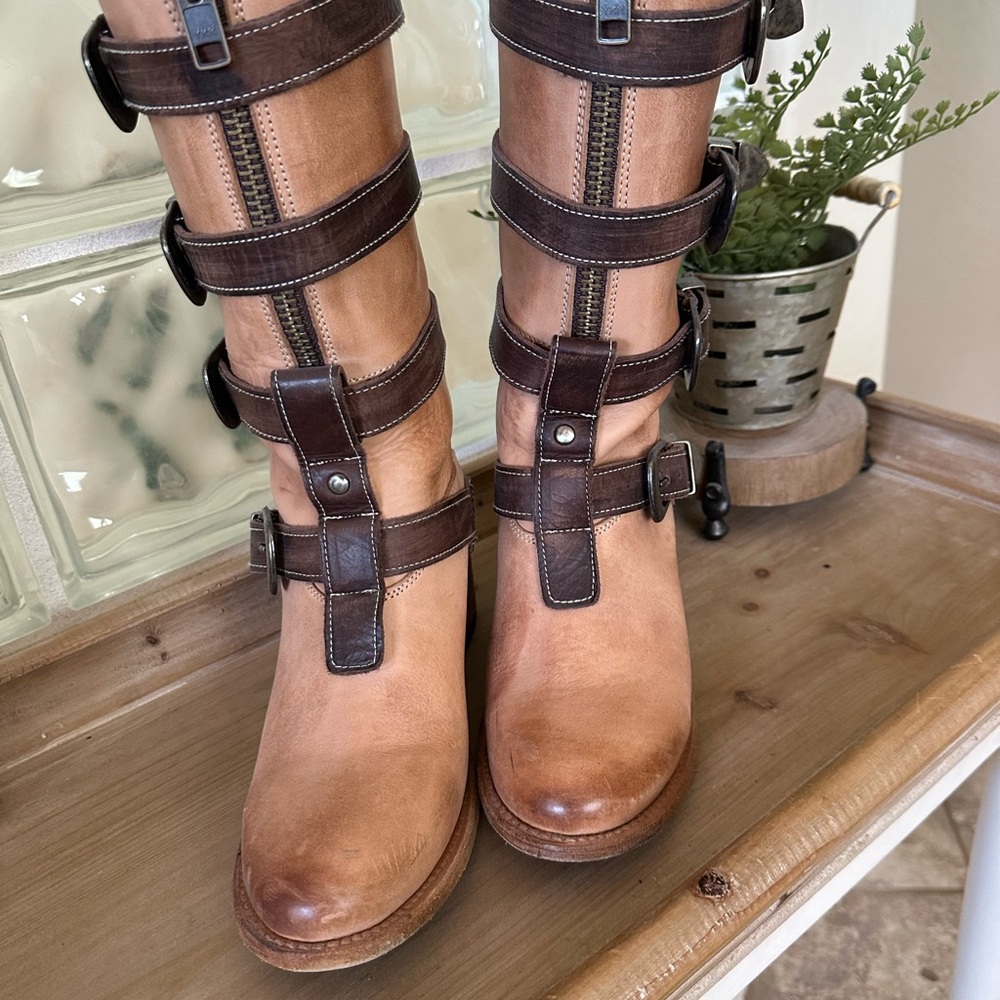 Freebird Brown Combat Moto Boots Multi-Strap Design